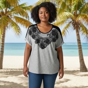 Cato Women Gray Black Floral Lace Applique Short Sleeve Knit Top XL